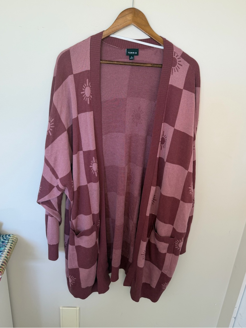 torrid rose and mauve checkerboard sun motif open-front cardigan